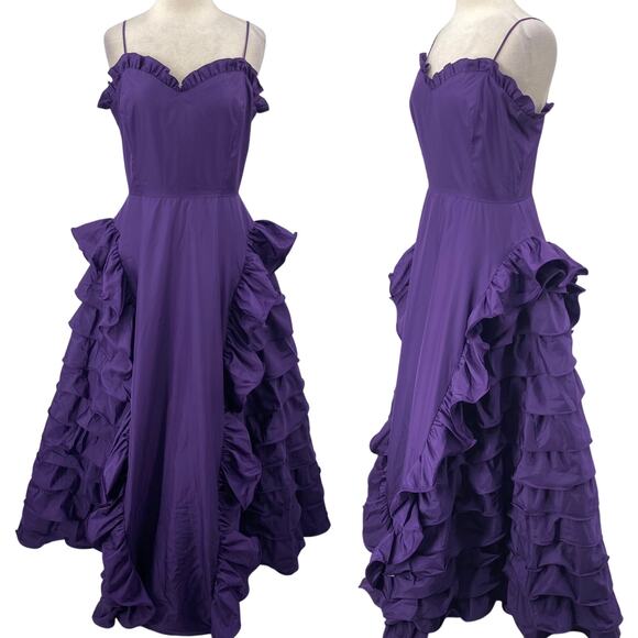 Vintage 70s Ruffled Gown Fit & Flare Sweetheart Tiered Southern Belle Purple 10 - Picture 1 of 13